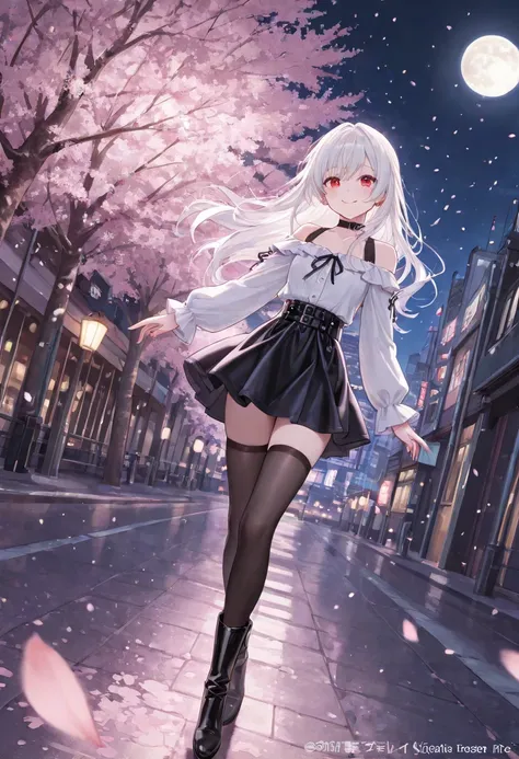 Moon, night, city, cherry blossom trees, cherry blossom snowstorm, off-shoulder blouse, skirt, leather boots, knee-high socks, white hair, red eyes, smile,