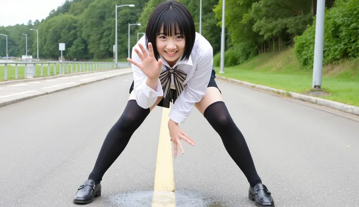 A high resolution photograph of a Japanese young woman, fashion shoot, full body, face focus, black hair with bangs, snow-like skin, fine-textured skin, (school uniform, black thighhighs, loafers), (peeing self while standing leaning forward with spread le...