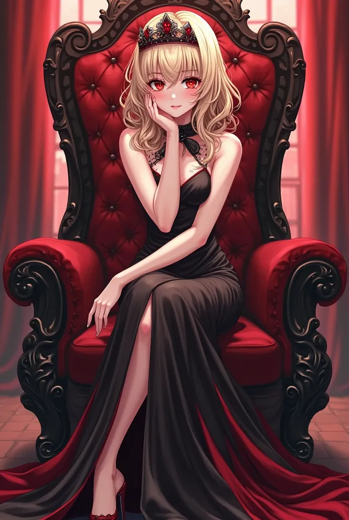 anime vampire girl with red eyes, slightly long wavy to curly light blonde hair in black and red maxi slit dress, black and red tiara, dark red high heels, resting her hand against her cheek, and crossing her legs while sitting on a throne with an evil smi...