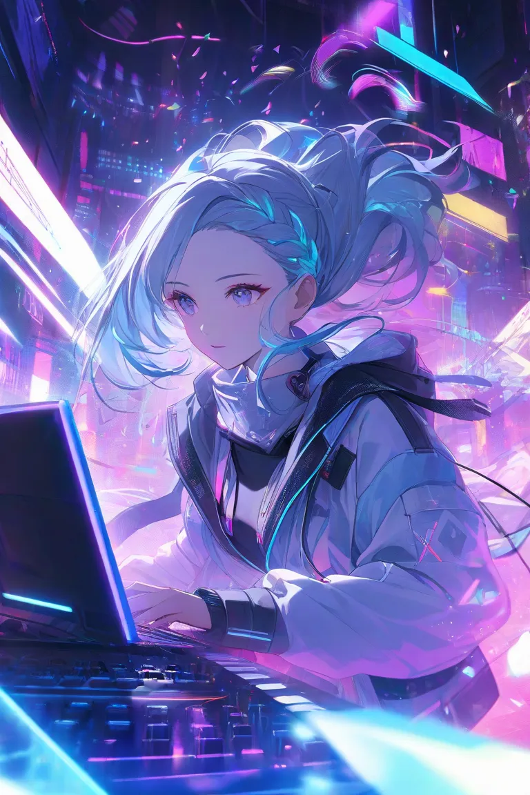  cyberpunk ,  The long, light blue gradation braid hair sparkles,  beautiful girl playing keyboard  ,    There are so many musical notes all around her  , (Flying notes  :1.4), 