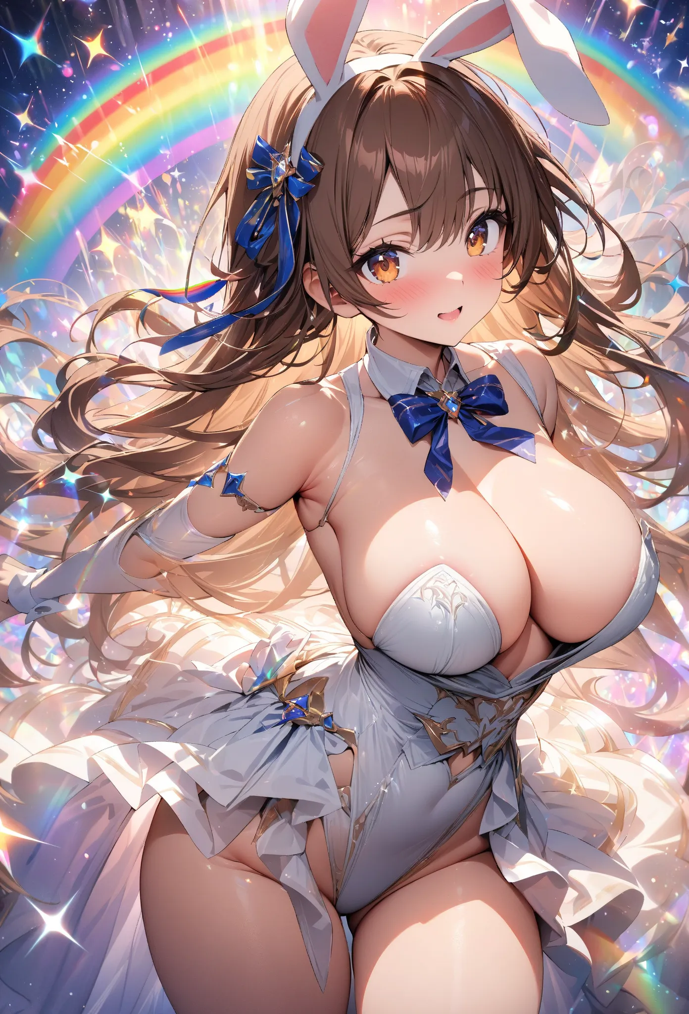 ((masterpiece)), ((high resolution)), ((best quality)), (ultra-detailed),A girl with rabbit ears and long hair tied with a ribbon,big breasts,ong brown hair, Surrounded by magical rainbows and sparkles, Against a bright and shining fantasy background.