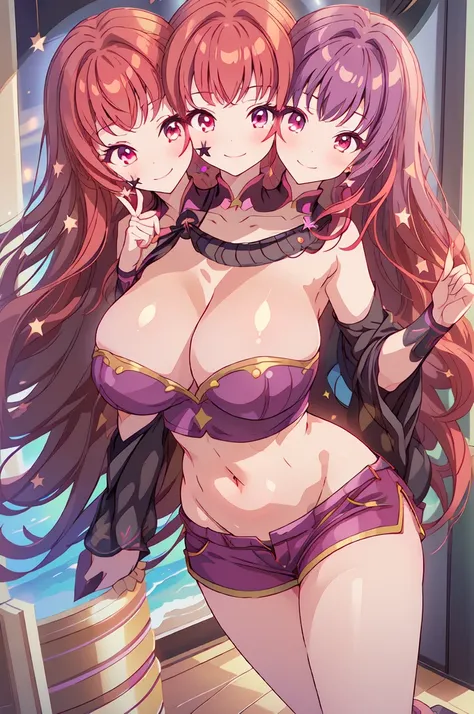 (masterpiece, best quality), best resolution, (3heads:1.5), FEYunaka, Yunaka, 1girl, red hair, redhead, long flowing hair, star decoration on hair, smiling, seductive smile, smirk, open belly, dark purple crop top, dark purple miniskirt, open breasts, very...