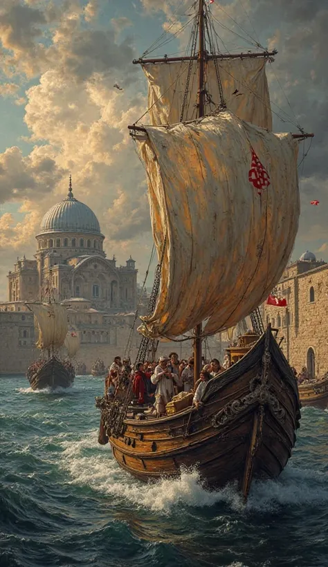 greek scholars fleeing constantinople by ship, carrying ancient manuscripts and artifacts, oil painting style, hagia sophia visible in background, highly detailed, masterpiece, 8k, photorealistic, dramatic lighting, moody atmosphere, cinematic composition,...