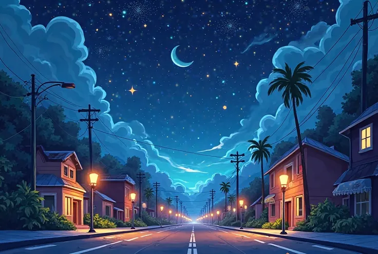 Cartoon, night sky below is street