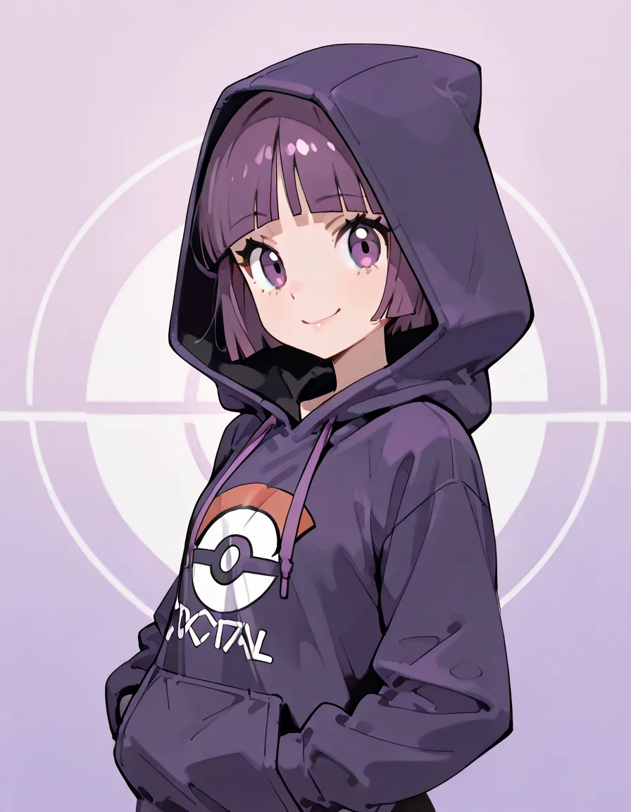 sideview+,(looking at viewer),Alone,14years old,natural cosmetic,purple short hair,blunt bangs,smile,cheek,Russian,(purple color gangar(Pokemon)+  hoodie),hood up,shiny skin,Enchanting chest:1.3,I am the star:1.3,(flat color beautiful Pokemon monsterball b...