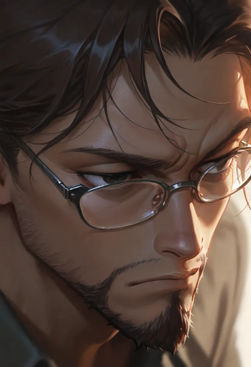 masterpiece, score_9, score_8_above, score_7_above, score_6_above, masterpiece, portrait, 1male, solo, tired eyes, determined stare, long brown hair, facial hair, glasses, wearing a justaucorps, Breeches, L0LSPL4SH