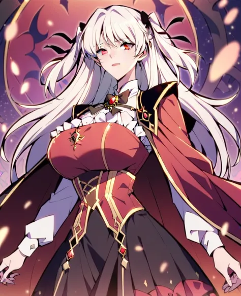 1girl,solo,looking at the viewer,long hair, red eyes, white hair, two side up, hair ribbon, black ribbon
,red cape, brown bowtie, brooch, red gem, (red dress:1.1), white shirt, corset, long sleeves, high-waist skirt, black skirt,wide hips,gigantic breasts,