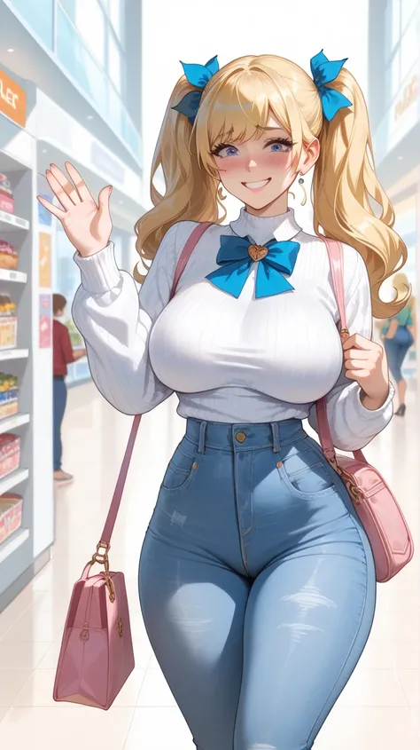 score_9, score_8_arriba, score_7_ 1,  a blonde girl  (pigtails with blue bows),   white sweater ( talleed ),  blue jean pants , long hair,  breasts,blush, throw, big ass, big breast, wasp waist with wide hips, High resolution,  Pink bag , with a nervous fa...