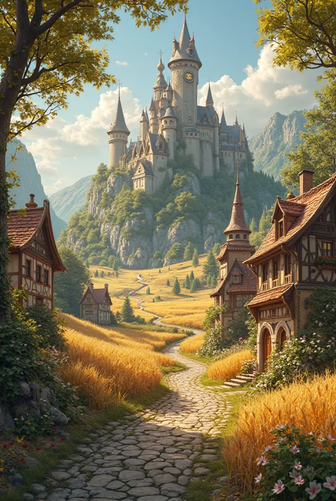 A town with a Cassel, magic, golden field and forest 