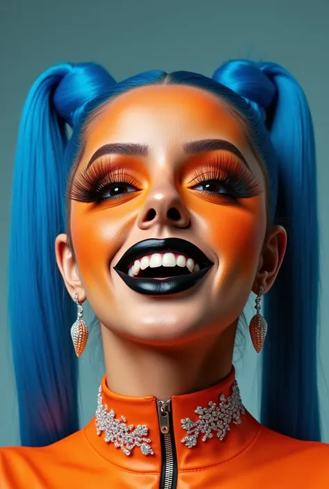 incredibly long and voluminous eyelash extensions, Girl laughs a lot, Bright orange makeup,  blue hair  , two tails,  diamond earrings  , collar, black lips