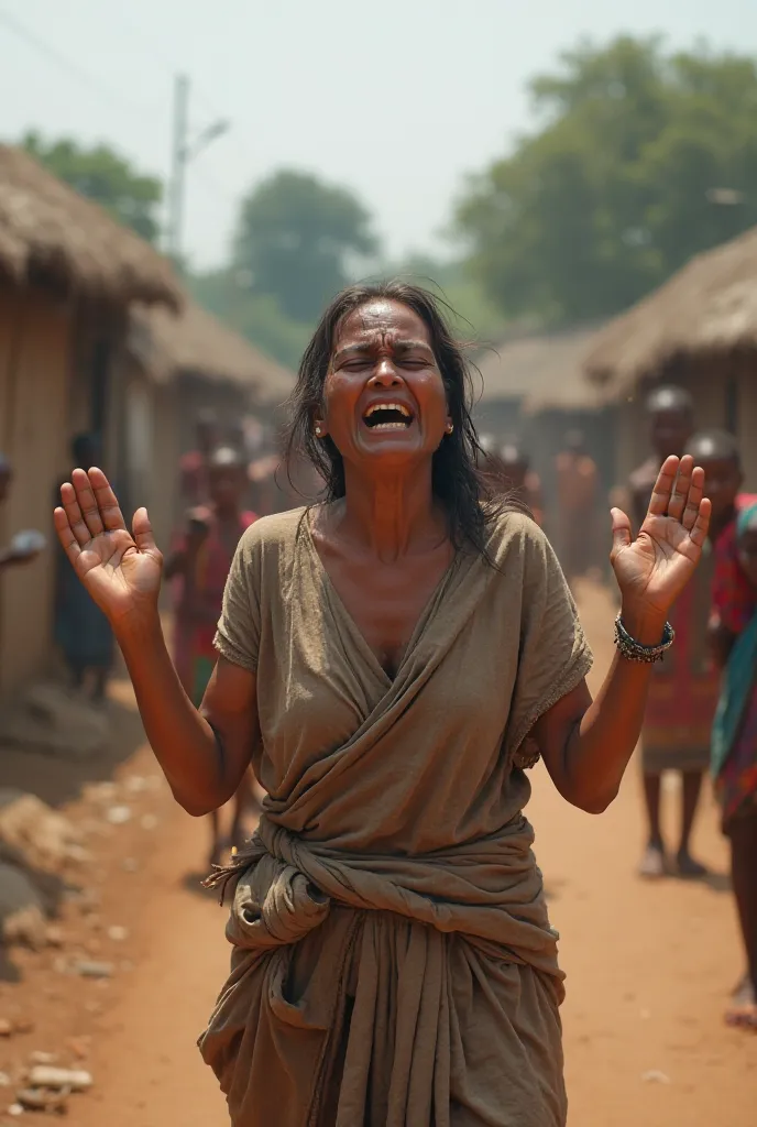 a very clear ultra hd dynamic image of "A woman in distress, standing in the middle of a village, wearing simple, traditional clothes. She is crying, with hands raised towards the sky, asking for help. Her expression shows grief and despair. The background...