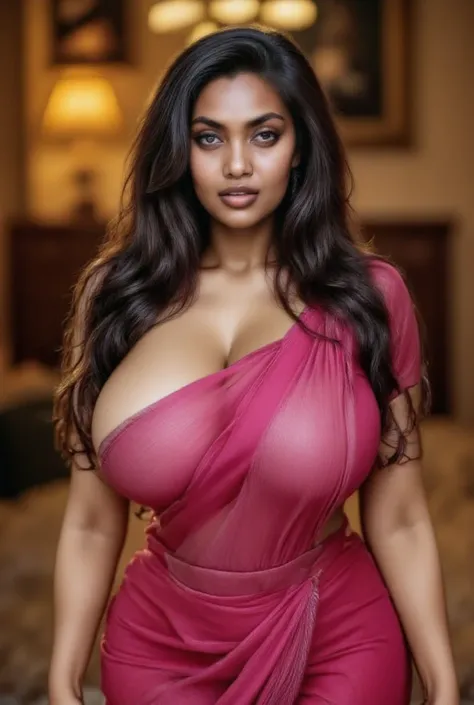 A photorealistic masterpiece of a solo figure in a dark pink transparent saree, leaning forward with a captivating gaze. Captured from an upper angle, showcasing intricate details, huge cleavage, and glossy skin. The scene is illuminated with cinematic lig...