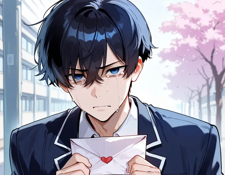 1boy, short boyish hair, messy bangs, black hair, blue eyes, empty eyes, serious, empty expression, rolling tears, school uniform, holding love letter, cherry trees