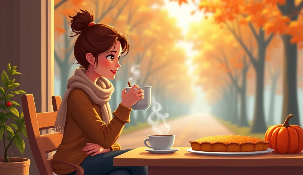 Cinnamon sticks, hot drinks, pumpkin pies on a table.The scent of fallen leaves, baked goods, and fresh autumn breezes.Crunching leaves underfoot, trees lining the street, a cozy scarf wrapped around by a women sitting on chair having coffee.cartoon images...