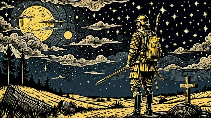 A biblical soldier under nightsky 

Create a rustic woodcut style image digital art surreal, using only black, beige and yellow colors.