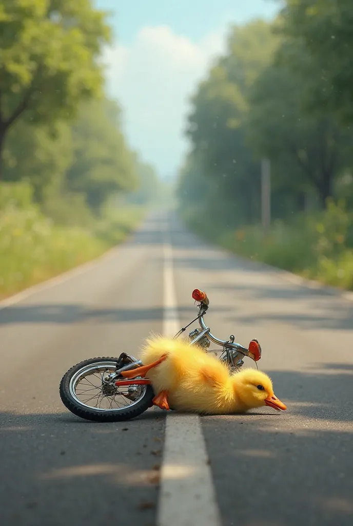 Duckling fallen with its cycle in road