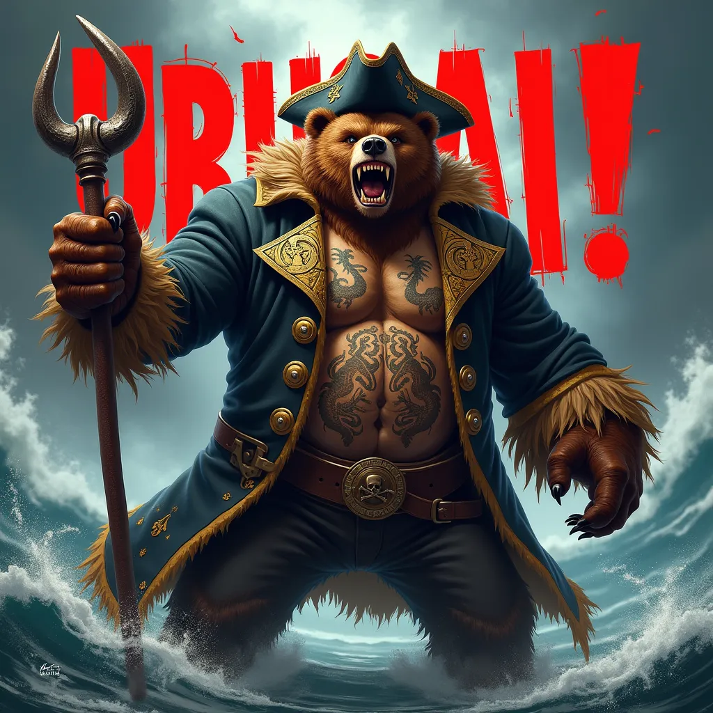 1. "Urusai!"
A massive, ultra-muscular pirate bear with thick, battle-worn fur, dressed in a luxurious yet rugged pirate captain’s coat with gold embroidery and tattered edges. His hook hand is raised menacingly, and his expression is fierce, with his shar...