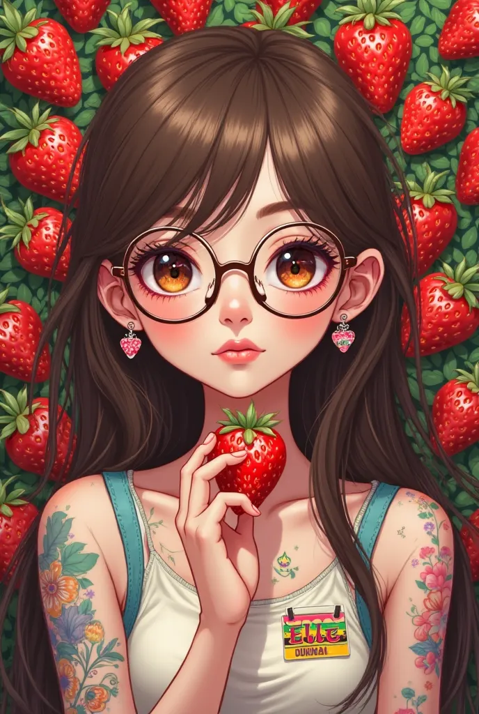 A cute girl with glasses, with long brown hair and bangs, with tattooes, with strawberry earrings, with colorful name tag “ELLE” holding a strawberry and a strawberry background 