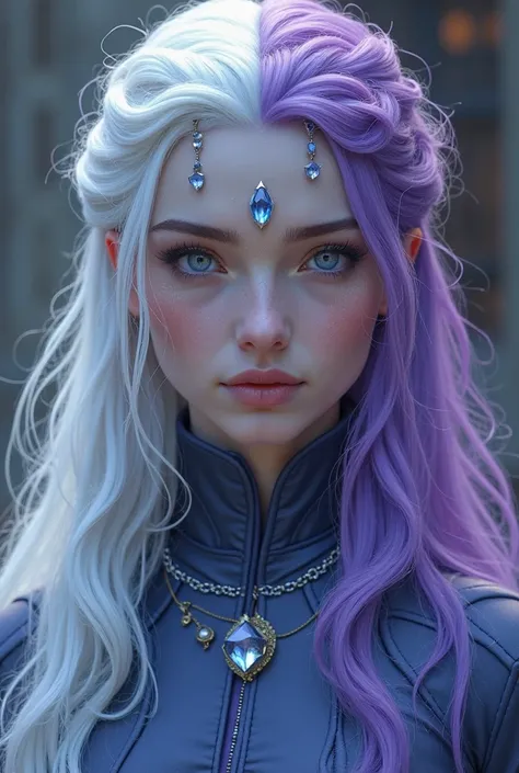 I want you to generate an image of a Targaryen ager with Heterochromia the left color blue and the right purple, she must have long wavy hair, has a raised nose and has certain features similar to Jinx, She looks angelic but sexy, She has white hair and is...