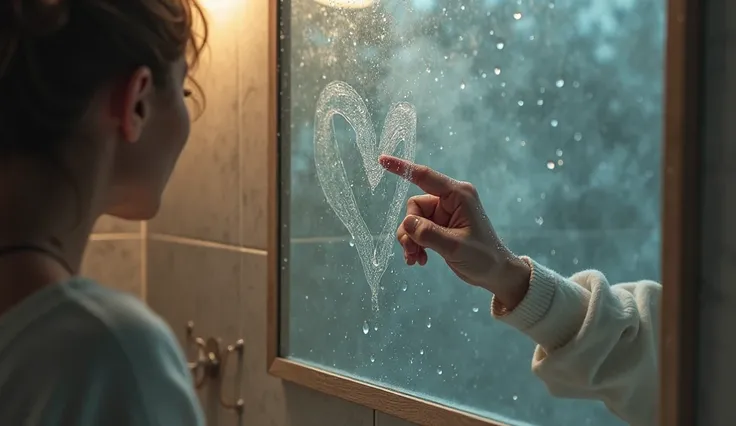 A steamy bathroom mirror with a finger-drawn heart 