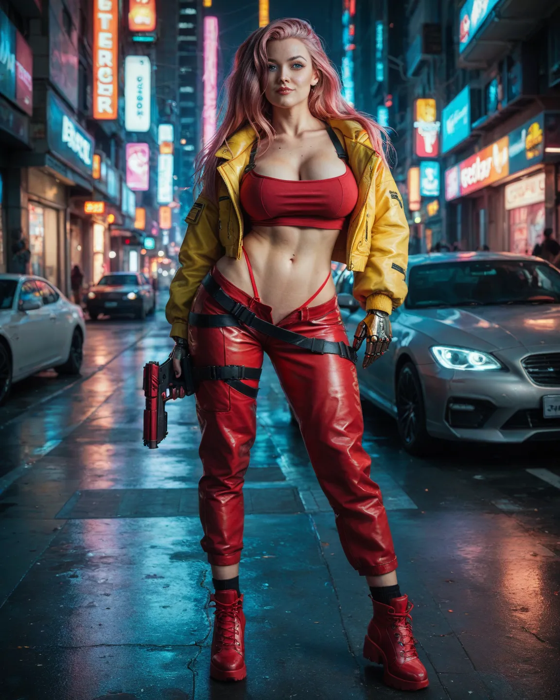  1 girl, 30 years old, street,  Cyberpunk city, Bright yellow short jacket, Red ankle boots, Red top, thong, brunette with long hair, long hair,  Reddish, high resolution, Best quality, Ultra high definition, Highly detailed, Loose hair, sloppy hairstyle, ...