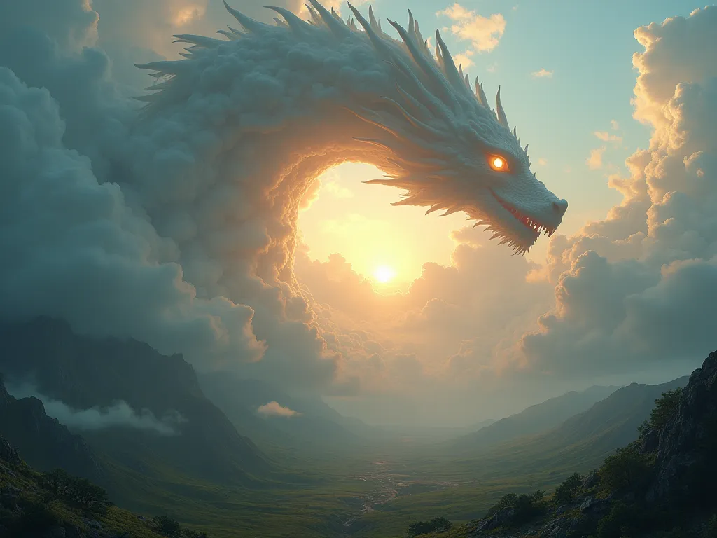 overlooking a broad valley, cloud formations look like a dragon's head, the setting sun reflecting through where the dragon's eye would be located