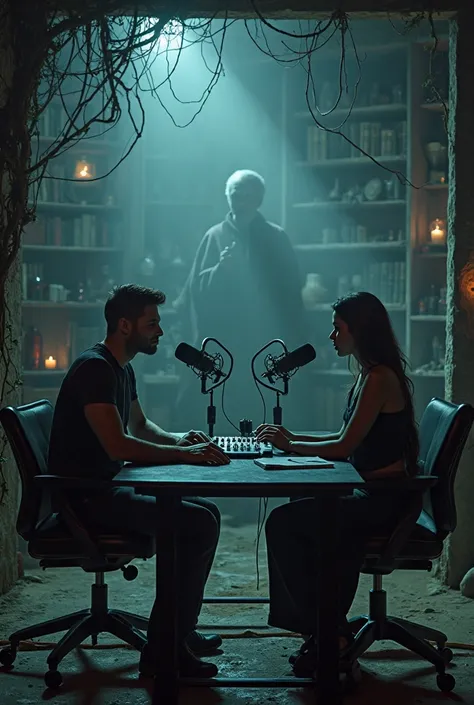 **AI Image Creator Prompt (Updated):**  

"Create a hyper-realistic wide shot of a modern podcast studio with an intensely dark and spooky atmosphere. A casually dressed man and woman are seated at a sleek glass table, their faces partially illuminated by ...