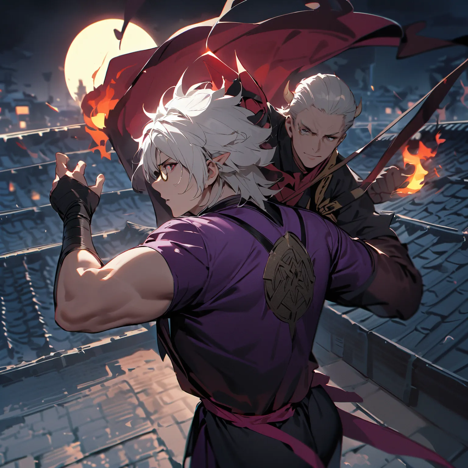 One Man、Monocle Glasses、Short curly hair with white hair、Purple ninja outfit、Three-horned、Martial arts attitude、Carrying flames on one's back、full moon night、Standing on a tiled roof、Hi-Res, masterpiece, accurate, 