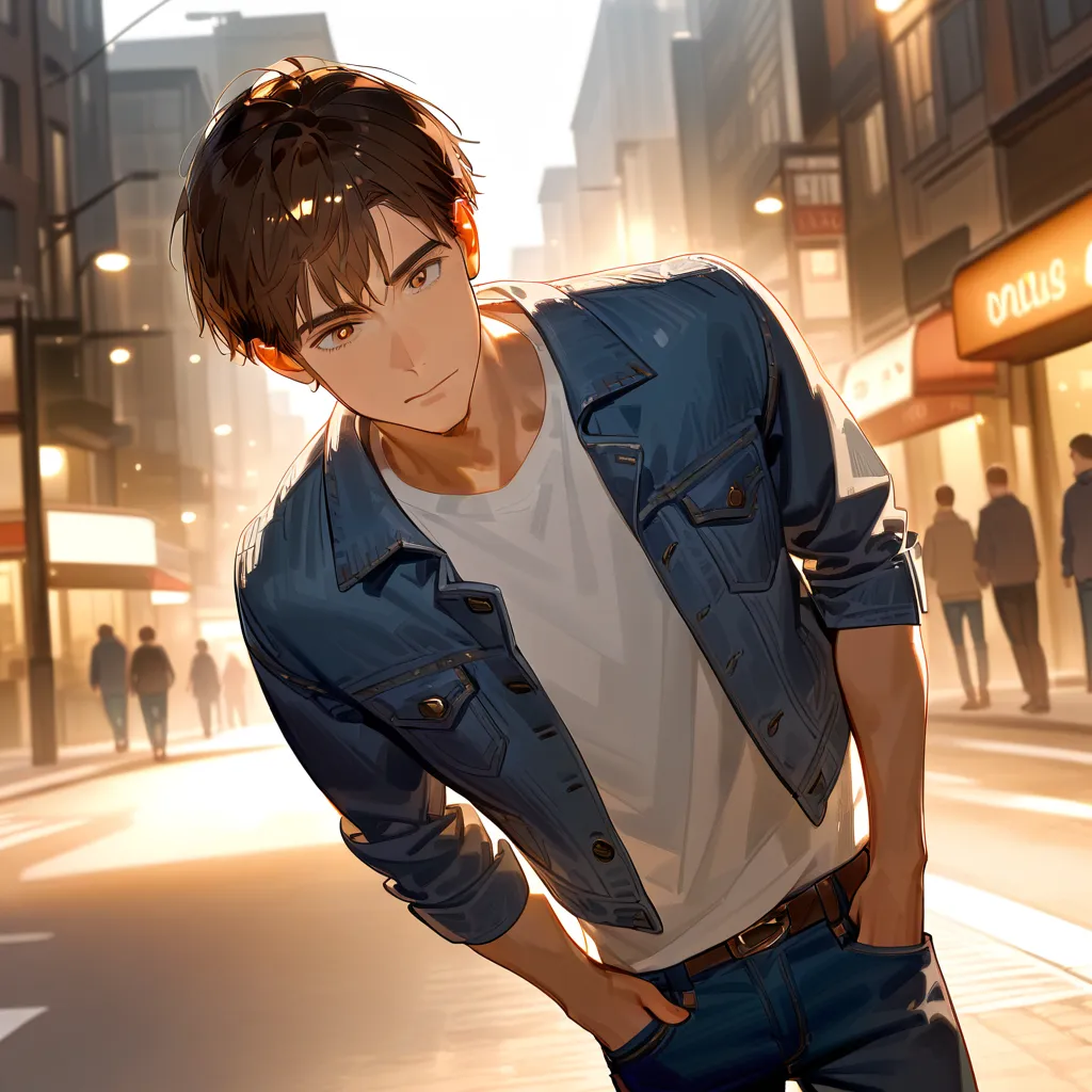 masterpiece, best quality, Detailed Eyes, 1 man, handsome, tall, fit, brown hair, pixie cut, brown eyes, denim jacket, white t-shirt, denim pants, Daytime street, cowboy shot 