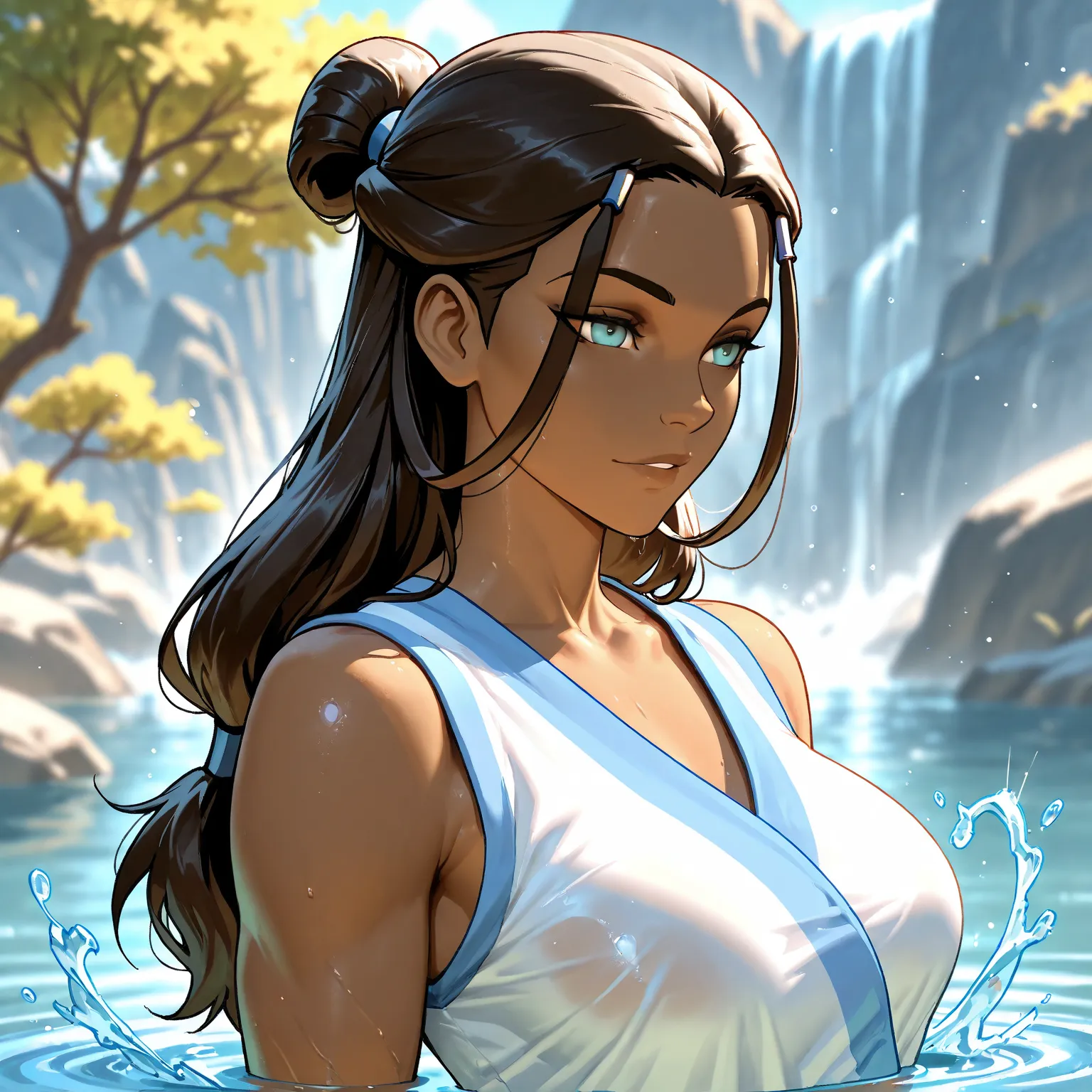 Stunningly attractive woman, Katara, water bending Avatar: The Last Airbender, High Resolution, Masterpiece, glistening, impeccable physical shape, casual clothing, different hairstyles, Solo, 1girl, 