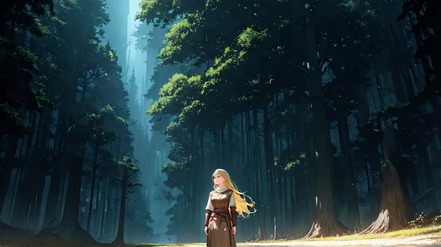  huge _very high resolution, high resolution, 걸작, recent, 1 female, long hair, yellow hair, light smile, medieval adventurer outfit,  soft_light,  blurry , Magnificent Woodland Landscape, At the top of a towering tree, Panoramic View, , high resolution bac...