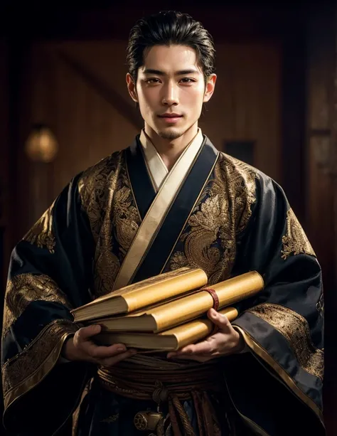 Highest quality、Very detailed、handing over scrolls and books、Japanese aristocrat man、 young and handsome、angle from the side、The background is a Japanese palace hallway