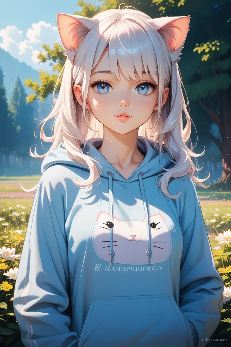 The girl's hair is white、eyes are light blue and there are no highlights、Cat ear hoodie、is covered in a slightly deeper {x} hoodie