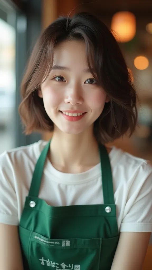   pretty 21 year old Japanese face  、((  green apron from Starbucks  、 naked、 nakedにエプロン、 sideboob)),  waiter、cafeteria、  Super details of the face  、   Pay attention to details   、  double eyelids with judo uniforms 、   thin and beautiful noses  、   sharp...