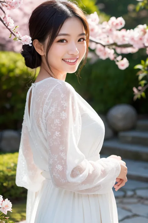 A serene and gentle Asian woman, radiating warmth and joy,  
with a wide, open-mouthed smile, eyes crinkling with happiness, cheeks lifted,  
her long hair tied back in a loose bun,  
standing gracefully with her hands clasped in front of her, wearing a fl...