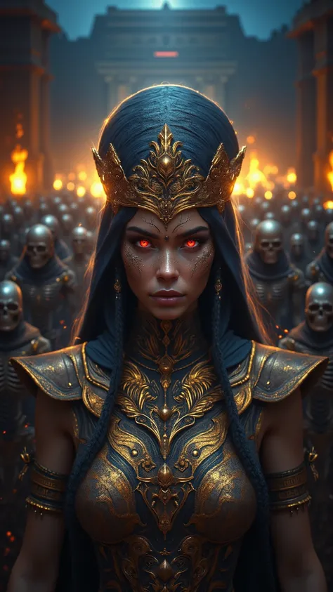 「She stands against the backdrop of an ancient Egyptian temple.、A mysterious and dignified female figure.。She wears a golden crown and decorative armor.、Red eyes shining sharply、Her face is engraved with intricate patterns.。Countless skeletal attendants st...