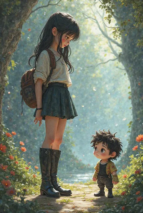 A girl in long black boots and a little dwarf with curly hair and black anime sleeves