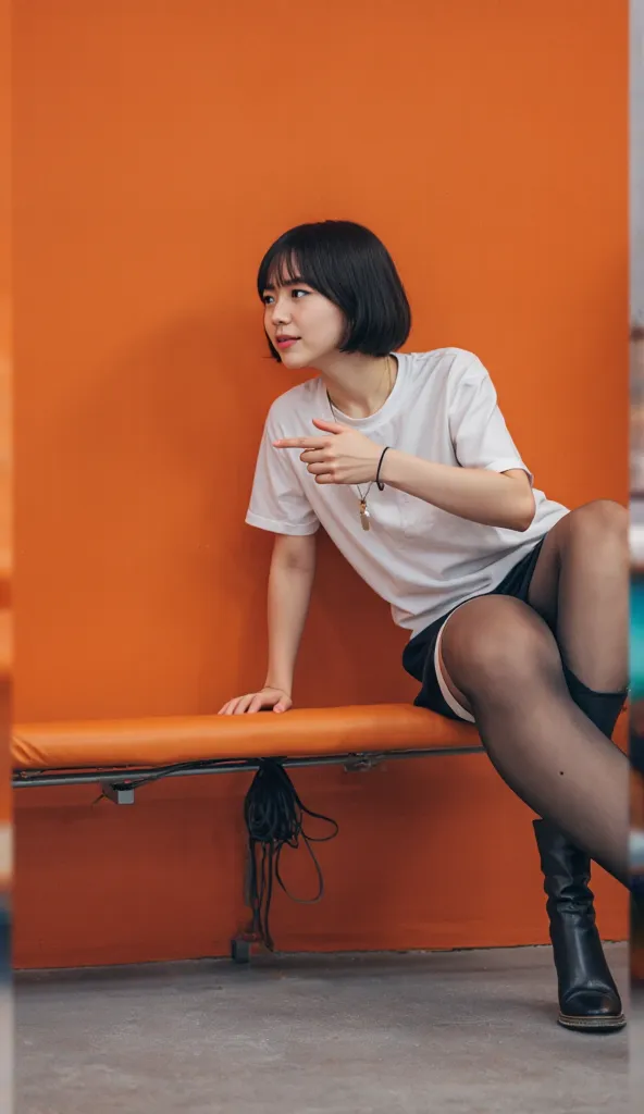  sideways（Look left）And the whole body（ from head to foot）Capturing 、sit on the right side of the orange bench at the gym、To Shizuka-kun「orange bench」Make fun of姿勢を明確に描写。reflect a height of 155 cm in consideration of perspective、sit on the bench。 28 year o...