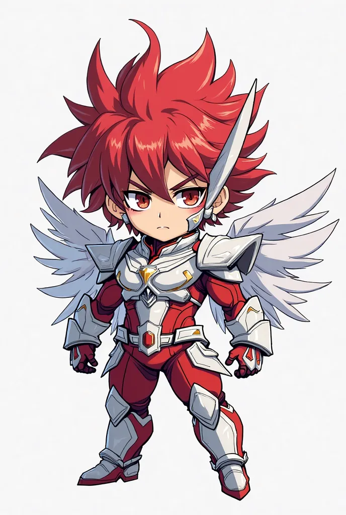 The character is a warrior or superhero with a futuristic and technological design, wearing an elaborate white and red suit with multiple accessories such as a mask, white wings on the back and various decorative details; his red and pointed hair, together...