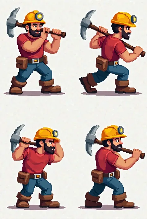 A 2D cartoon miner sprite sheet, 4 frames of pickaxe swinging, yellow helmet with lantern, red shirt, blue pants, boots, pixel art style