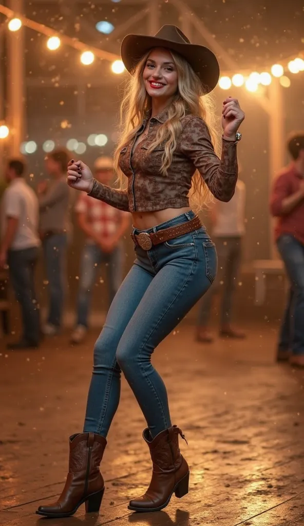 Create a stunning photograph of a slender, curvaceous Italian woman with a sculptural body, dressed in tight jeans and a cowboy hat, dancing a lively two-step choreography at a modern country party. The background features rustic decorations, with the outd...