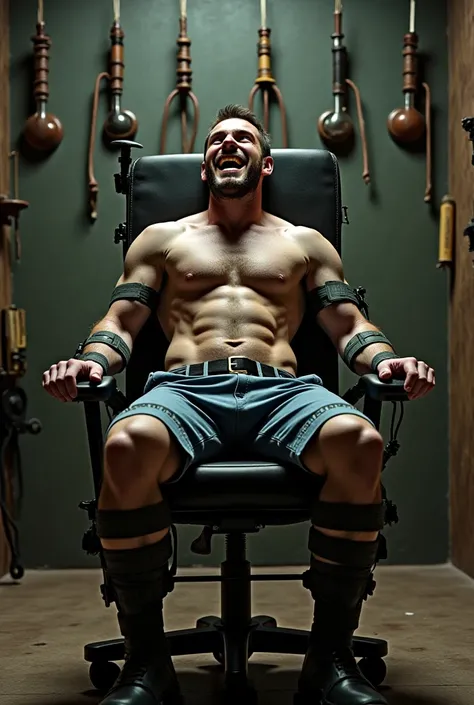 A restraint chair with arms, legs, shoulders, elbows, and head restraints. A man ball gaged and struggling in it, and unable to move. The background is a torture chamber with ball gags and weapons on the wall