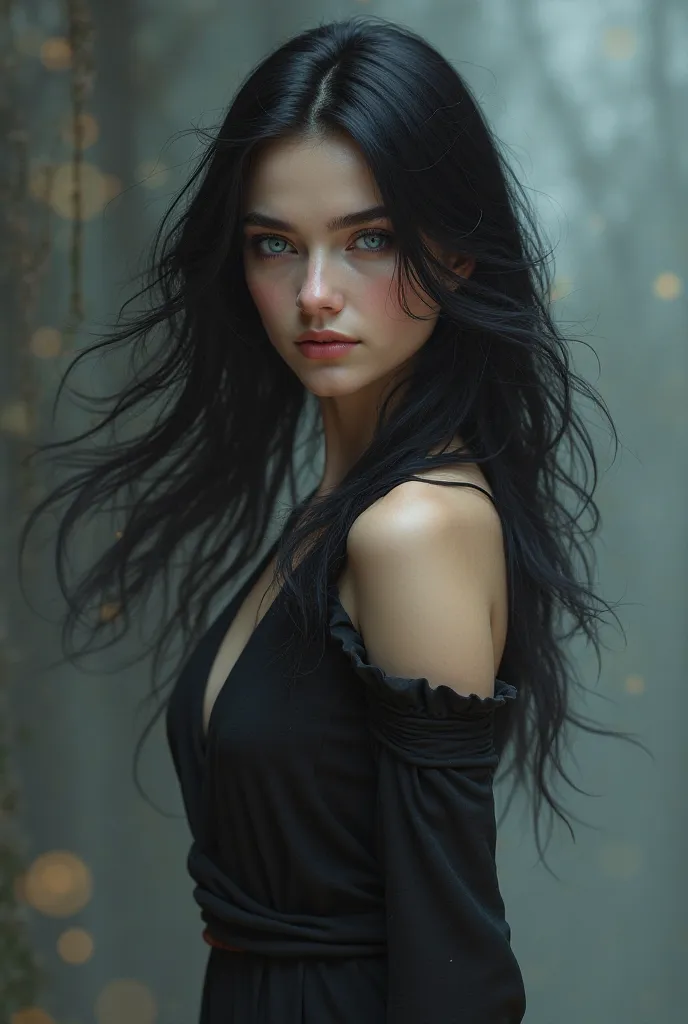 A girl with long black hair, blue eyes, fair skin (no freckles), and tight clothes.