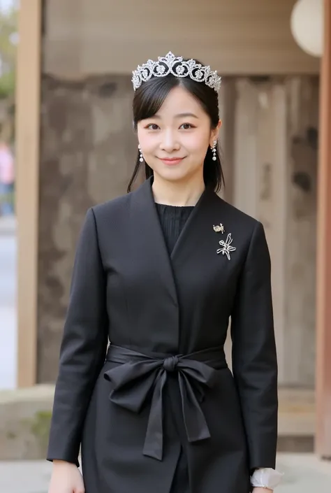 A beautiful young Korean woman wearing a luxurious black wedding dress with long black hair and wearing a crown、A beautiful young Korean woman wearing a black luxurious wedding dress、is walking down the stairs facing the front at the wedding hall