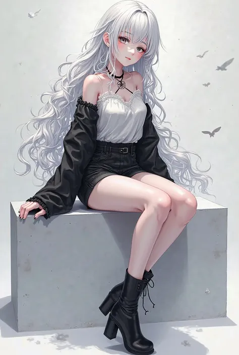 A girl in black boots and black shorts with long curly hair and white skin and black sleeves and black shirt anime girl