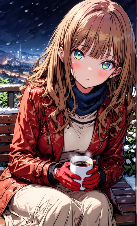  Minami Yume, long hair, brown hair, green eye, bangs,Medium breast,blush,opening from the front,white breath,trench coat, half up do,(sweater  :1.2),( turtleneck:1.2),blue scarf , white long skirt, Bbo~,red gloves ,sitting on a bench,I'm holding a coffee ...