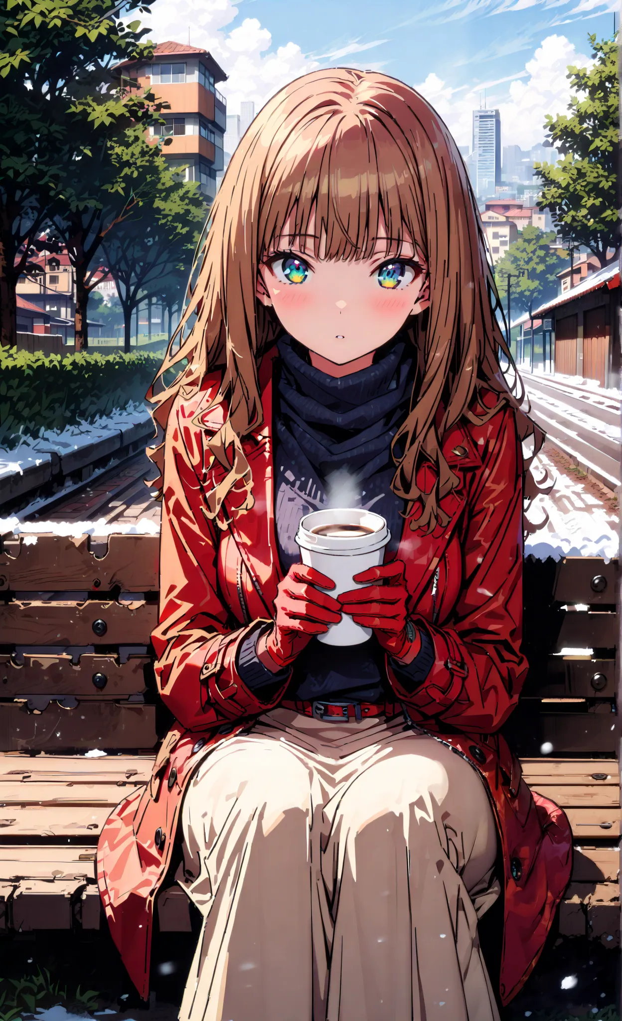  Minami Yume, long hair, brown hair, green eye, bangs,Medium breast,blush,opening from the front,white breath,trench coat, half up do,(sweater  :1.2),( turtleneck:1.2),blue scarf , white long skirt, Bbo~,red gloves ,sitting on a bench,I'm holding a coffee ...