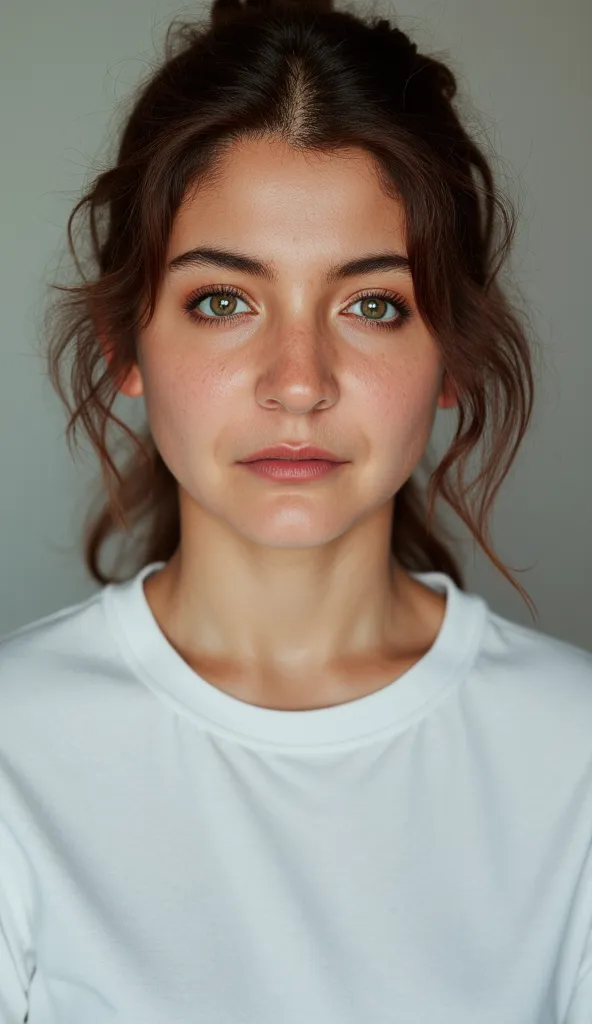 Generate a ultra realistic close up front image of a woman in a white t shirt. She is standing straight facing the camera.