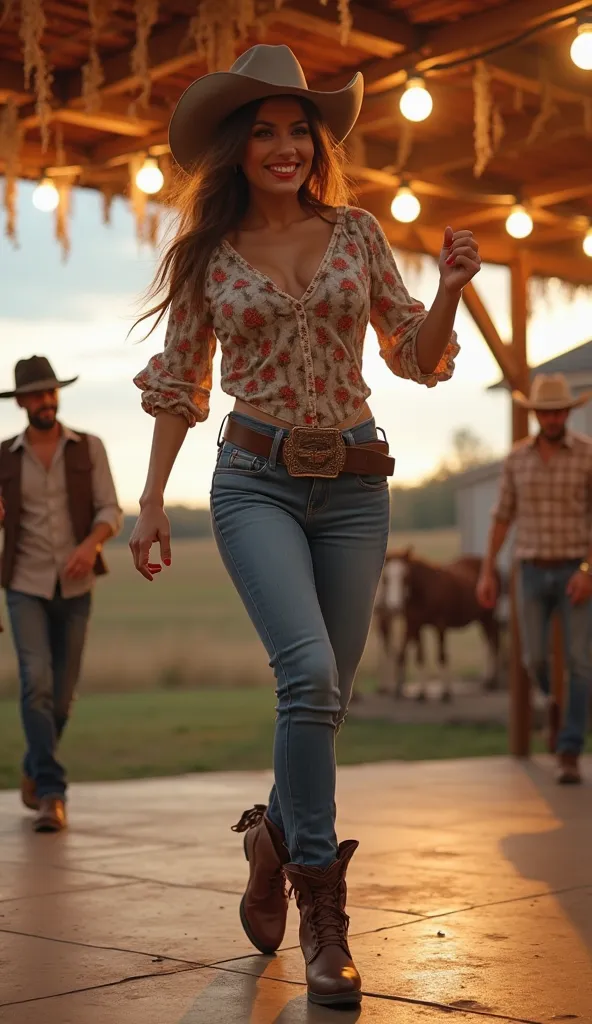 Create a stunning photograph of a slender, curvaceous Italian woman with a sculpted body, dressed in tight jeans and a cowboy hat, dancing a lively two-step choreography at a modern country party. The background features rustic decorations and a dance floo...