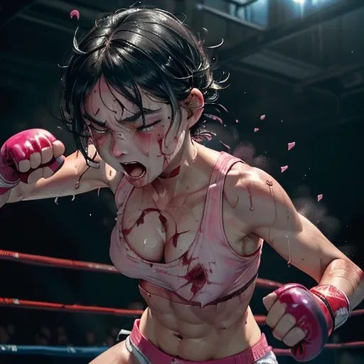 (((((The opponent's fist is digging into her stomach))))). (((two girl fighters))) are fighting in the octagon fighting ring of underground arena. (((a bloody girl fighter is in big pain))). (((((A girl fighter is striking into a crying bloody girl fighter...